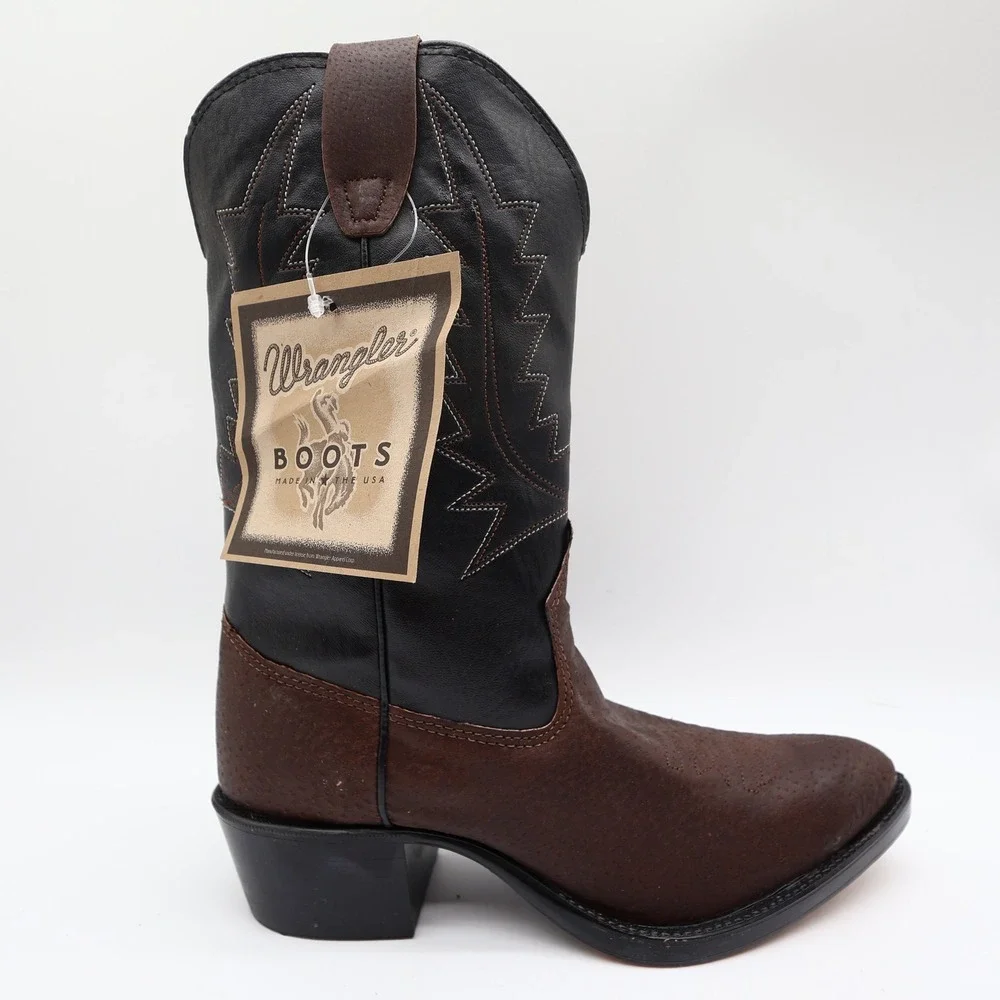 Wrangler Vintage Western Boots Youth 4.5 D Old Brown Leather Black NWT USA Made